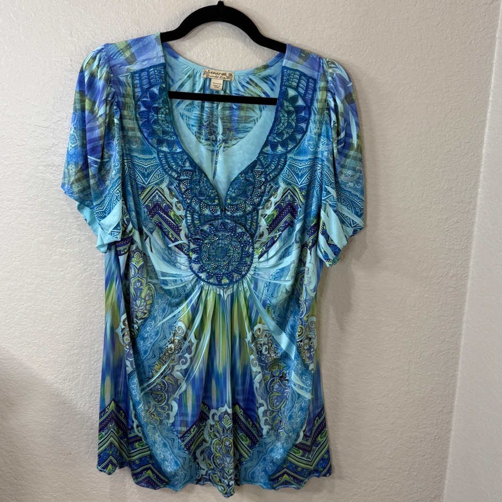 Energe World Wear Blue Paisley Tunic Top 1X Boho Coastal Embroidery Beaded